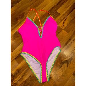 Popvil XL One Piece Swimsuit Hot Pink Criss Cross Bathing Suit neon bathing suit